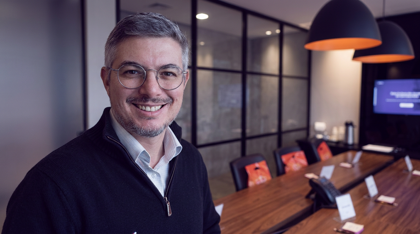 Juliano Sangalli em sala de treinamento com equipe jurídica